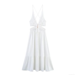 Women's Vacation Solid White Backless Maxi Dress Polyester V-Neck Spaghetti Strap Lace-Up Cutout Ruffle Hem Dress For Summer Beach Party