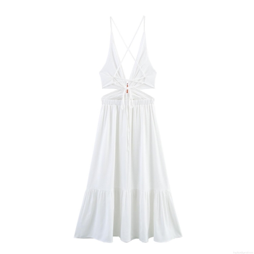 Women's Vacation Solid White Backless Maxi Dress Polyester V-Neck Spaghetti Strap Lace-Up Cutout Ruffle Hem Dress For Summer Beach Party