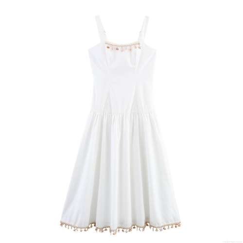 Women's Sexy Sleeveless Cami Maxi Dress Elegant White Solid Color Shell Tassel Decor Beach Vacation Bohemian Long Dress Summer Sundress