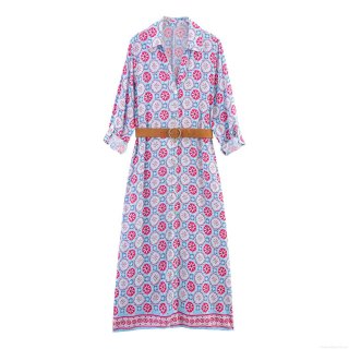 Women's Geometric Floral Print V-Neck Polyester Shirt Dress With Brown Belt Elegant Long Sleeve Maxi Dress For Office Party Lady Casual Outfits