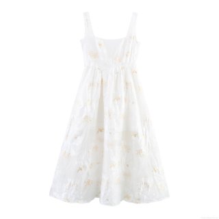 Elegant White Gold Stamping Flower Sling Maxi Dress With Large Back Bow High Waist A-Line Mesh Long Dress For Women Party Evening Wedding