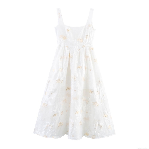 Elegant White Gold Stamping Flower Sling Maxi Dress With Large Back Bow High Waist A-Line Mesh Long Dress For Women Party Evening Wedding