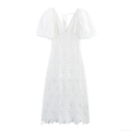 Women's Elegant Sexy White Lace Bodycon Maxi Dress Square Neck Puff Sleeve Backless Tie-Up Floral Embroidery Hollow Out Dress for Wedding Party Vacation