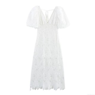 Women's Elegant Sexy White Lace Bodycon Maxi Dress Square Neck Puff Sleeve Backless Tie-Up Floral Embroidery Hollow Out Dress for Wedding Party Vacation