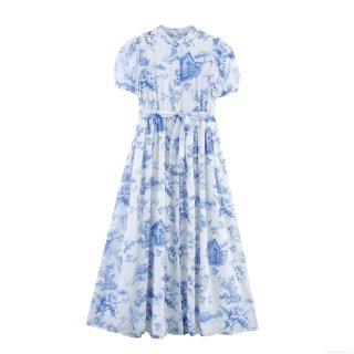 Women's French Vintage Toile de Jouy Angel Print Maxi Dress Puff Sleeve High Waist Lace-up A-line Long Dress Summer Vacation Elegant Chiffon Gown