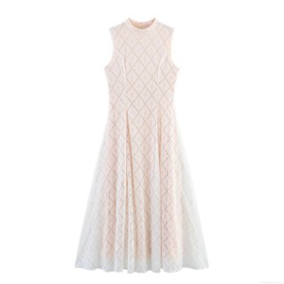 Women's Sexy Slim Fit Lace Sleeveless Maxi Dress Elegant Stand Collar Backless Hollow Out Long Dress For Banquet Wedding Party Lady Dress