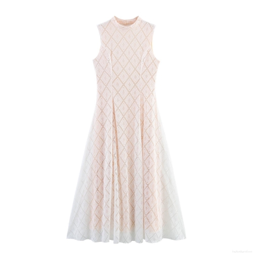 Women's Sexy Slim Fit Lace Sleeveless Maxi Dress Elegant Stand Collar Backless Hollow Out Long Dress For Banquet Wedding Party Lady Dress