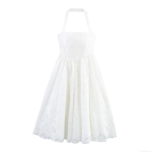 Women Halter Backless Lace Maxi Dress Elegant Sexy Sleeveless High Waist Polyester Mesh Embroidery Long Dress For Party Wedding Evening Banquet Summer