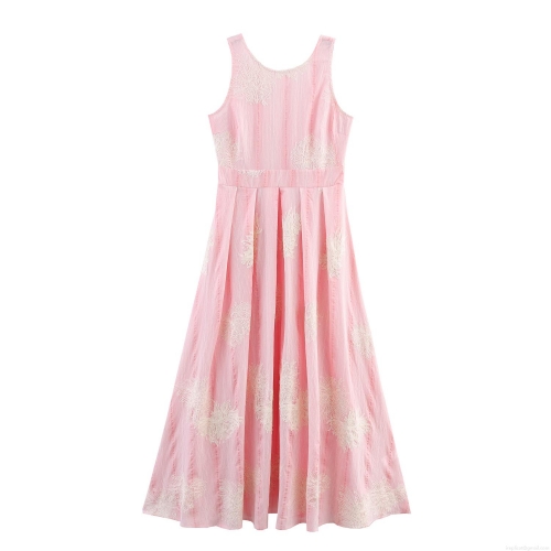 Women's Sleeveless Maxi Dress Pink Floral Embroidery Round Neck High Waist Pleated Long Dress Elegant Sweet Style Summer Party Outfits Polyester Lace Trim