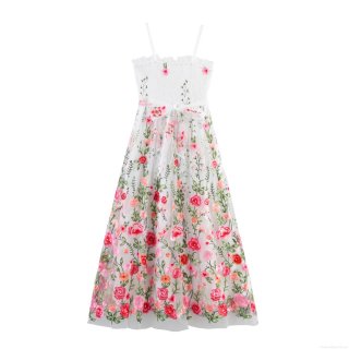 Women's Floral Embroidery Mesh Maxi Dress Smocked Waist Spaghetti Strap Sweet Elegant A-Line Long Dress For Summer Party Wedding Guest