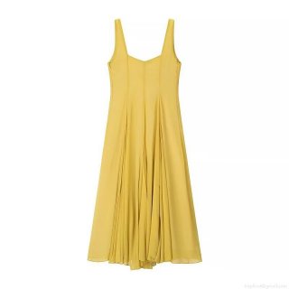 French Vintage Elegant Square Neck Sleeveless Yellow Maxi Dress Polyester High Waist Pleated A-Line Spliced Midi Umbrella Skirt For Women Summer Dating Evening Party