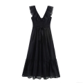 Elegant Women V-Neck Mesh Ruffle Maxi Dress Sleeveless Waist Tie Polyester Solid Black Long Party Evening Gown Celebrity Style
