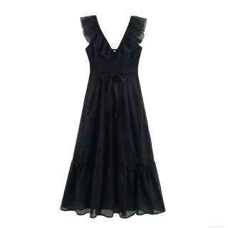 Elegant Women V-Neck Mesh Ruffle Maxi Dress Sleeveless Waist Tie Polyester Solid Black Long Party Evening Gown Celebrity Style