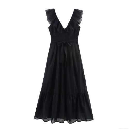 Elegant Women V-Neck Mesh Ruffle Maxi Dress Sleeveless Waist Tie Polyester Solid Black Long Party Evening Gown Celebrity Style