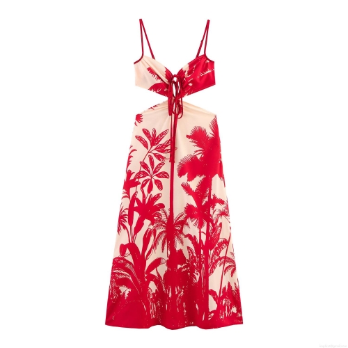 Women Sexy Tropical Palm Tree Print Camisole Maxi Dress With Waist Cutout Polyester Spaghetti Strap Tie Up Chest Summer Vacation Beach Dress