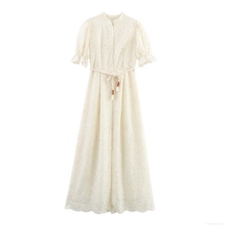 French Vacation Lace Maxi Dress Elegant Floral Embroidery Stand Collar Pearl Button Short Puff Sleeve A-Line Party Dress With Woven Belt For Women