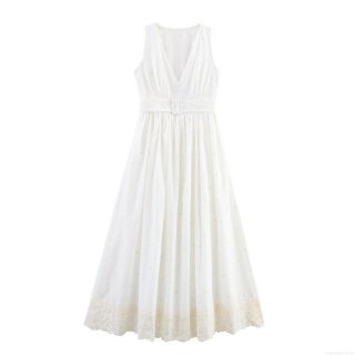 Women's Elegant White V-Neck Sleeveless Maxi Dress with Floral Embroidery Lace Hollow Out Hem and Belt Vacation Style High Waist Long Summer Dress