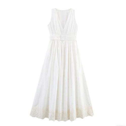 Women's Elegant White V-Neck Sleeveless Maxi Dress with Floral Embroidery Lace Hollow Out Hem and Belt Vacation Style High Waist Long Summer Dress