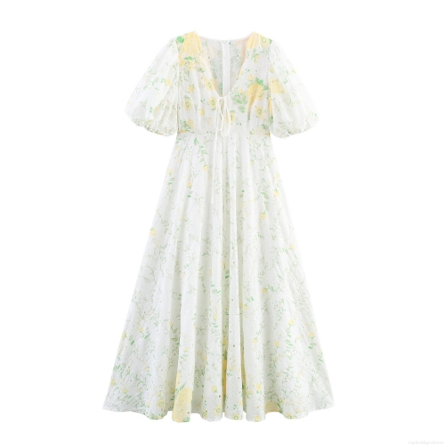 Women Sweet Elegant V Neck Puff Sleeve Maxi Dress Embroidery Hollow Out High Waist Floral Print White Long Dress For Vacation Daily Wear