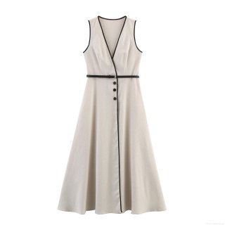 Women Elegant V Neck Sleeveless Maxi Dress Polyester Faux Linen Contrast Trim A-Line Long Dress With Waist Belt For Casual Office Party