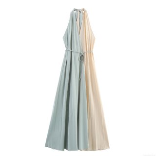 French Style Halter Pleated Maxi Dress Contrast Color Backless A-Line Waist Tie Polyester Splicing Dress For Women Summer Party Wedding Vacation