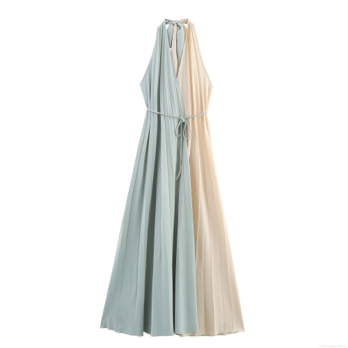 French Style Halter Pleated Maxi Dress Contrast Color Backless A-Line Waist Tie Polyester Splicing Dress For Women Summer Party Wedding Vacation