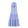 Women's Sleeveless Faux Linen Maxi Dress With Braided Belt Lapel Tiered Cake Skirt Casual Elegant Summer Long Dress For Vacation Party