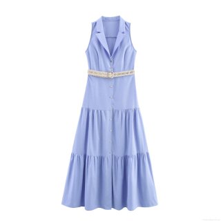 Women's Sleeveless Faux Linen Maxi Dress With Braided Belt Lapel Tiered Cake Skirt Casual Elegant Summer Long Dress For Vacation Party