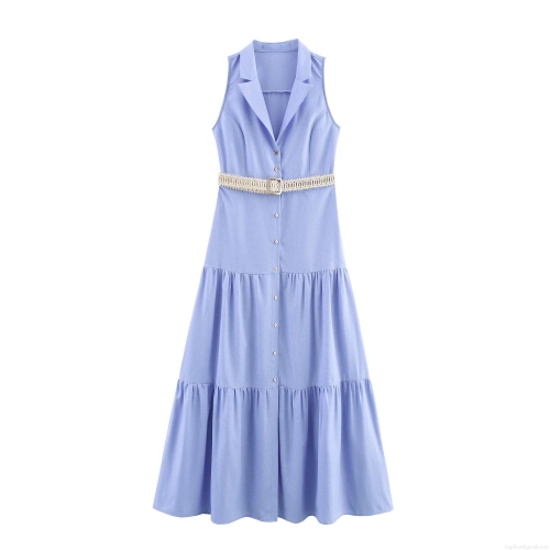 Women's Sleeveless Faux Linen Maxi Dress With Braided Belt Lapel Tiered Cake Skirt Casual Elegant Summer Long Dress For Vacation Party