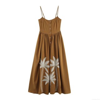 Women Vacation Style Embroidered Coconut Tree Maxi Dress Square Neck High Waist Sleeveless Suspender Long Dress For Summer Travel Elegant