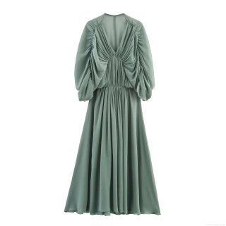Elegant V Neck Chiffon Maxi Dress For Women French Romantic Ruched Batwing Sleeve High Waist Pure Color Polyester Long Skirt For Dating Party