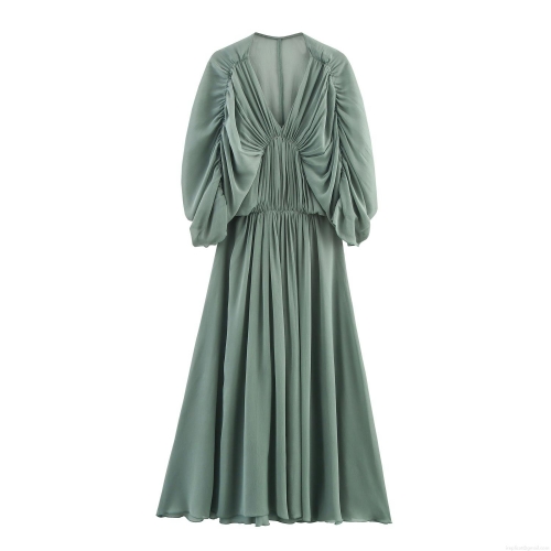 Elegant V Neck Chiffon Maxi Dress For Women French Romantic Ruched Batwing Sleeve High Waist Pure Color Polyester Long Skirt For Dating Party