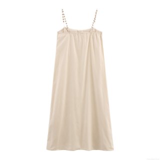 Women's Bohemian Vacation Slip Maxi Dress Polyester Satin With Coconut Tree Embroidery Wood Bead Straps Sleeveless High Waist Long Dress Beach Summer