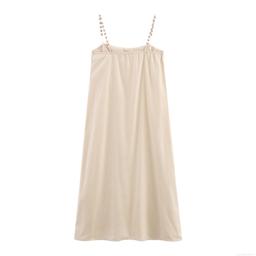 Women's Bohemian Vacation Slip Maxi Dress Polyester Satin With Coconut Tree Embroidery Wood Bead Straps Sleeveless High Waist Long Dress Beach Summer