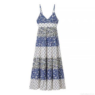 Women Summer Bohemian Floral Patchwork Cami Maxi Dress V Neck Tiered Cake Skirt Elegant Back Bow Tie Beach Vacation Pastoral Style Polyester Long Dress