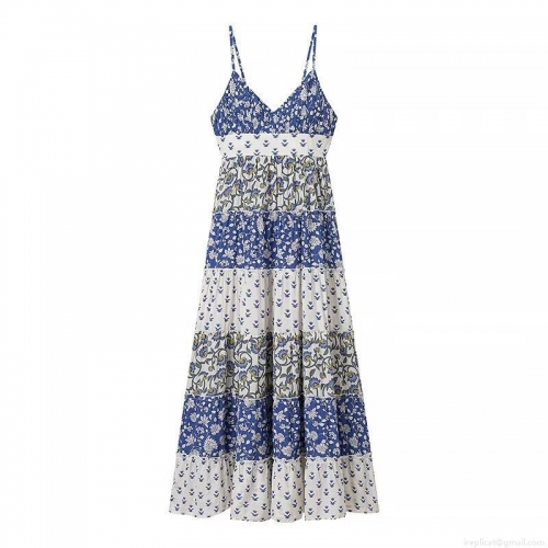 Women Summer Bohemian Floral Patchwork Cami Maxi Dress V Neck Tiered Cake Skirt Elegant Back Bow Tie Beach Vacation Pastoral Style Polyester Long Dress