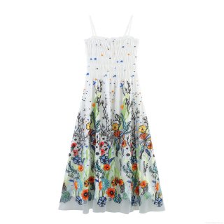 Women's Elegant Mesh Tulle Maxi Dress Sweet Floral Embroidery Smocked Bodice Adjustable Cami Long Dress For Summer Vacation Beach Party Breathable Holiday Attire