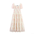 Women's Floral Embroidery Mesh Dress Puff Sleeve Square Neck Maxi Dress Vintage Cottagecore Party Gown Elegant Summer Fairy Dress For Women