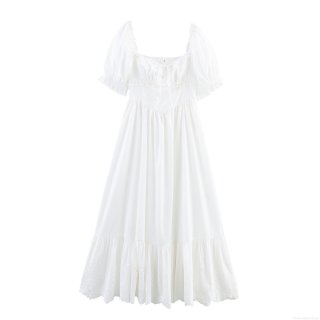 Elegant French Retro Square Neck Maxi Dress With Puff Sleeves Hollow Out Lace Embroidery Polyester White High Waist Dress For Women Party Vacation