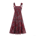 Women Bohemian Floral Maxi Dress Polyester Tie-up Straps Camisole Vacation Beach Long Dress Shirred High Waist Tiered Cake Skirt Sundress