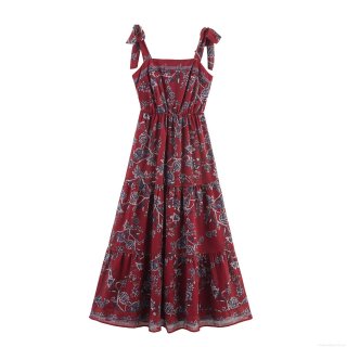 Women Bohemian Floral Maxi Dress Polyester Tie-up Straps Camisole Vacation Beach Long Dress Shirred High Waist Tiered Cake Skirt Sundress