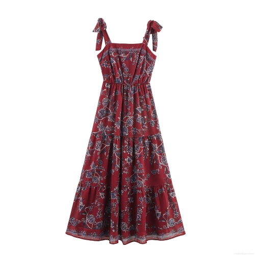 Women Bohemian Floral Maxi Dress Polyester Tie-up Straps Camisole Vacation Beach Long Dress Shirred High Waist Tiered Cake Skirt Sundress