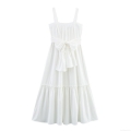 Women Elegant White Polyester Maxi Dress Square Neck Sleeveless Tiered Cake Dress With Bow Tie Waist Pleated Long Dress For Summer Vacation Party Ladies