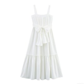 Women Elegant White Polyester Maxi Dress Square Neck Sleeveless Tiered Cake Dress With Bow Tie Waist Pleated Long Dress For Summer Vacation Party Ladies
