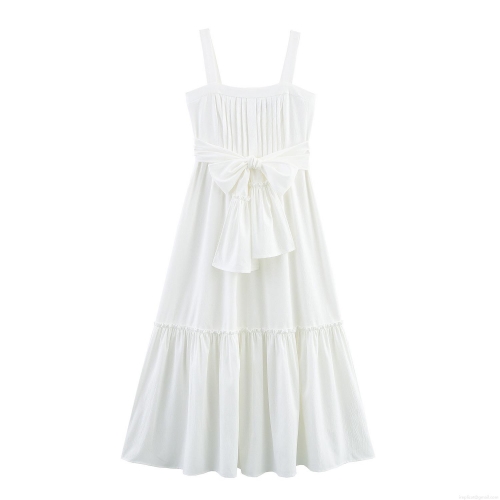 Women Elegant White Polyester Maxi Dress Square Neck Sleeveless Tiered Cake Dress With Bow Tie Waist Pleated Long Dress For Summer Vacation Party Ladies