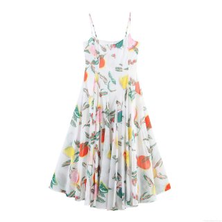 Women Summer Fruit Print Camisole Maxi Dress Lemon Citrus Pattern High Waist A-Line Long Dress For Vacation Beach Party Sleeveless Back Zipper Dress