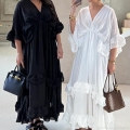 French Vintage V-Neck Ruffle Maxi Dress Elegant Loose Tiered Polyester Long Beach Vacation Dress For Women Solid Color White Black Fashion Outwear