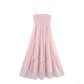 Women's Floral Embroidery Mesh Maxi Dress Pink Sleeveless Smocked Strap Tiered Cake Dress Fairy Style Summer Beach Vacation Dress