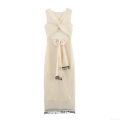 Women's Sexy Crochet Mesh Hollow Out Maxi Dress Sleeveless Backless Knit Dress With Tassels And Bow Tie For Holiday Beach Party Elegant Summer Sundress