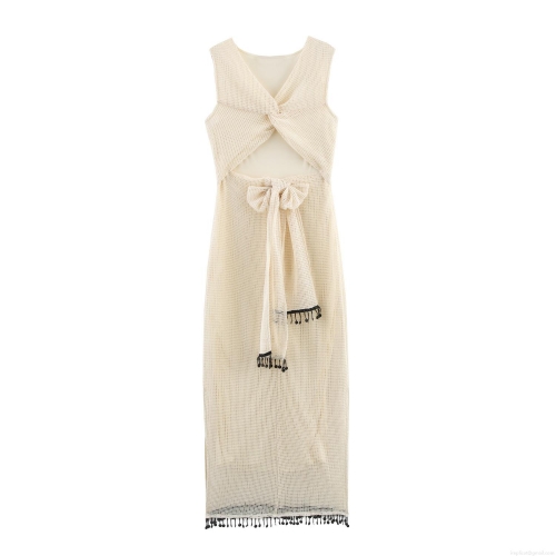 Women's Sexy Crochet Mesh Hollow Out Maxi Dress Sleeveless Backless Knit Dress With Tassels And Bow Tie For Holiday Beach Party Elegant Summer Sundress